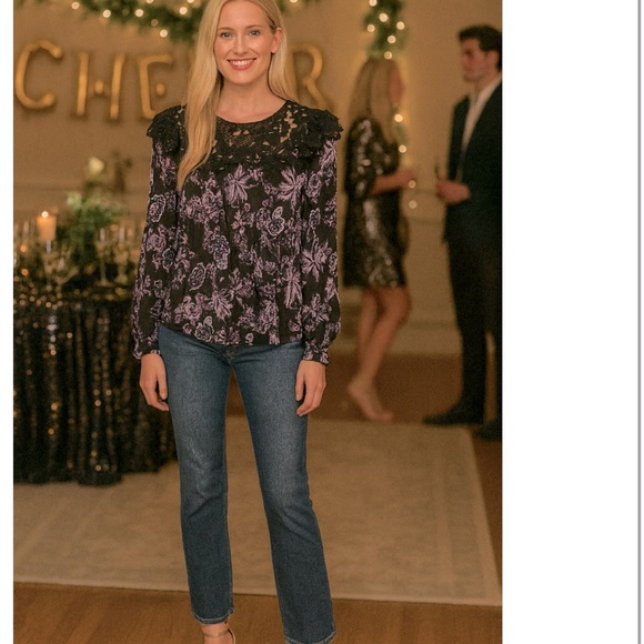 Veronica Beard Tops - Veronica Beard silk floral black purple lace fairy pleat sleeve blouse goth 12